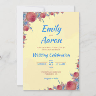Yellow Coral Rose Boho Floral Watercolor Wedding Invitation