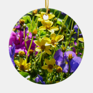 Yellow Coreopsis and Purple Violas Colourful Flora Ceramic Tree Decoration
