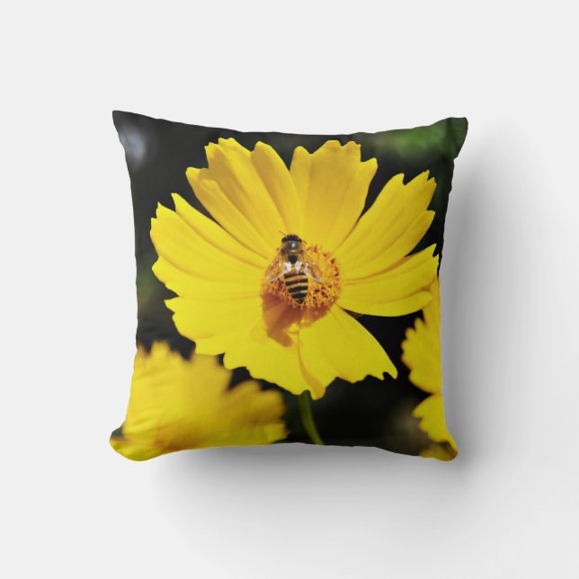Yellow Cosmos Flower and Bee Cushion (Front)