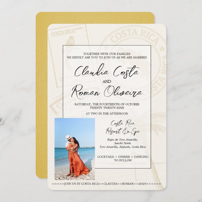 Yellow Costa Rica Passport Wedding Invitation (Front/Back)
