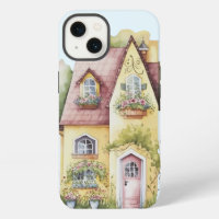 Yellow cottage red roof window boxes trees