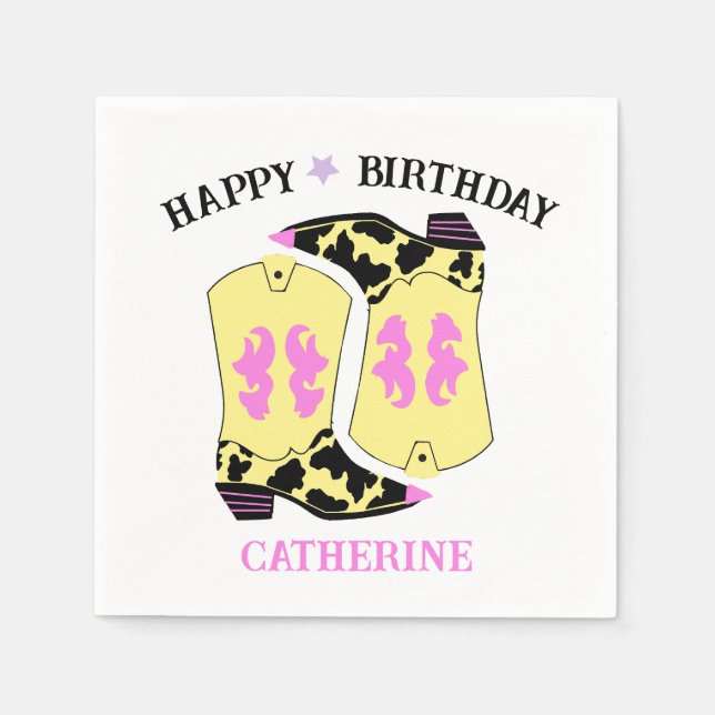 Yellow Cowgirl Western Boots Ranch Cowboy Birthday Napkin (Front)