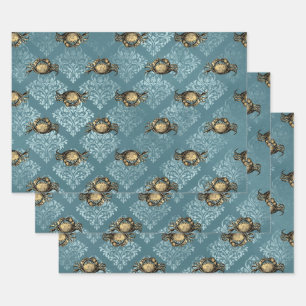 Yellow Crabs and Blue Damask Wrapping Paper Sheet