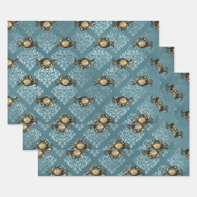 Yellow Crabs and Blue Damask Wrapping Paper Sheet (Set)