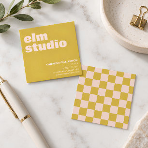 Yellow Cream Chequerboard Bold Square Colourful Business Card