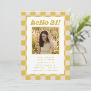 Yellow Cream Chequered Photo Hello 21 Birthday Par Invitation