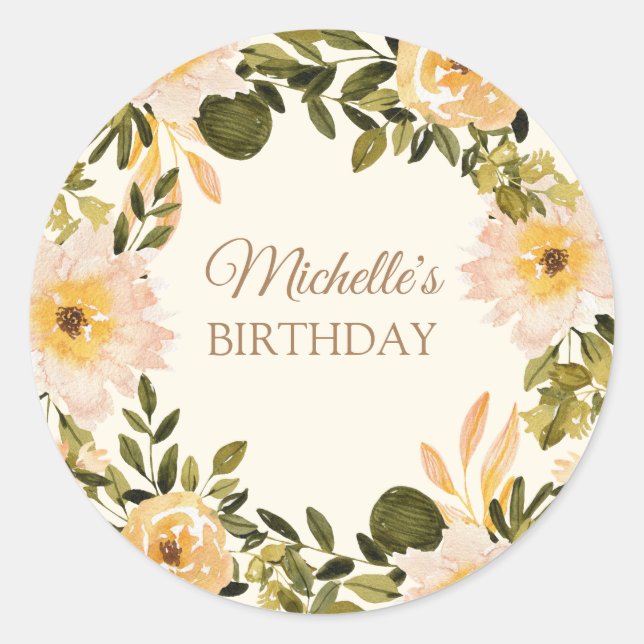 Yellow Cream Floral Birthday Name Classic Round Sticker (Front)