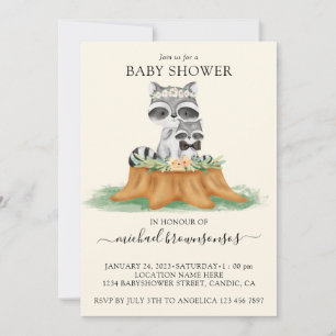 Yellow Cream Racoon Watercolor Mummy Baby Boy Invitation