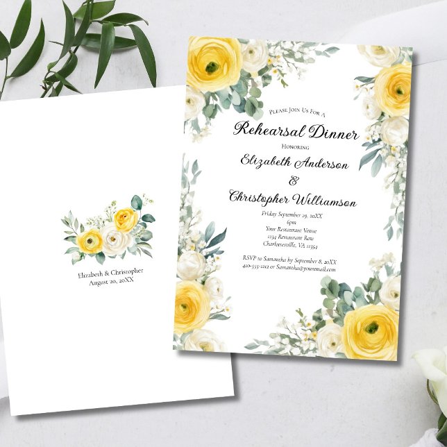 Yellow Cream Watercolor Florals Rehearsal Dinner Invitation (Yellow cream Watercolor flroals elegant Wedding Rehearsal Dinner Invitation. Printed or Digital)