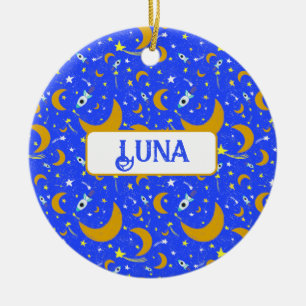 Yellow Crescent Moons shooting Star Space Rockets Ceramic Ornament