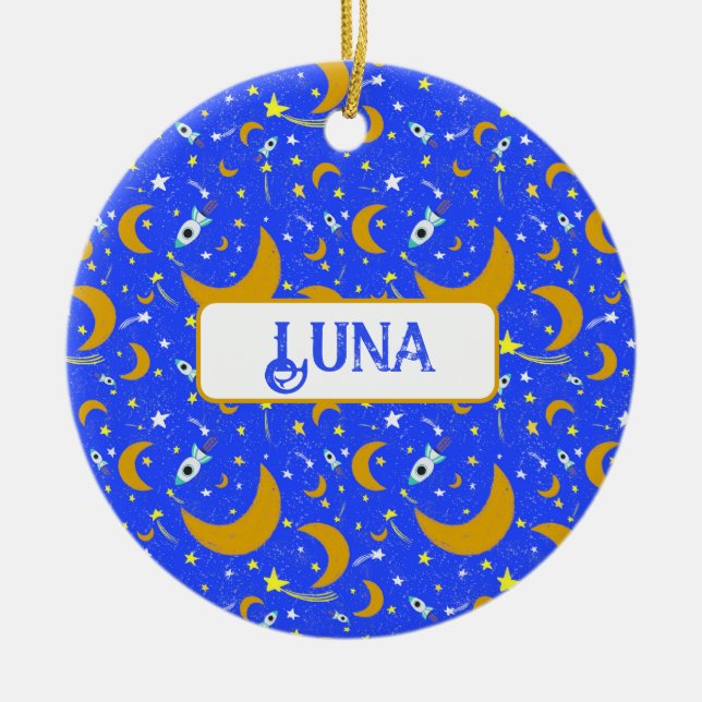 Yellow Crescent Moons shooting Star Space Rockets Ceramic Ornament (Front)