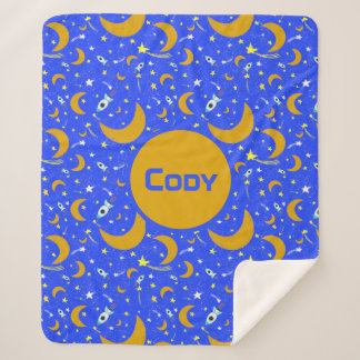 Yellow Crescent Moons shooting Star Space Rockets Sherpa Blanket