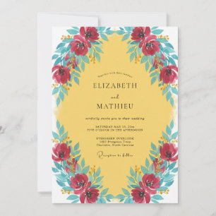 Yellow Crimson Watercolor Floral Wedding Invitation
