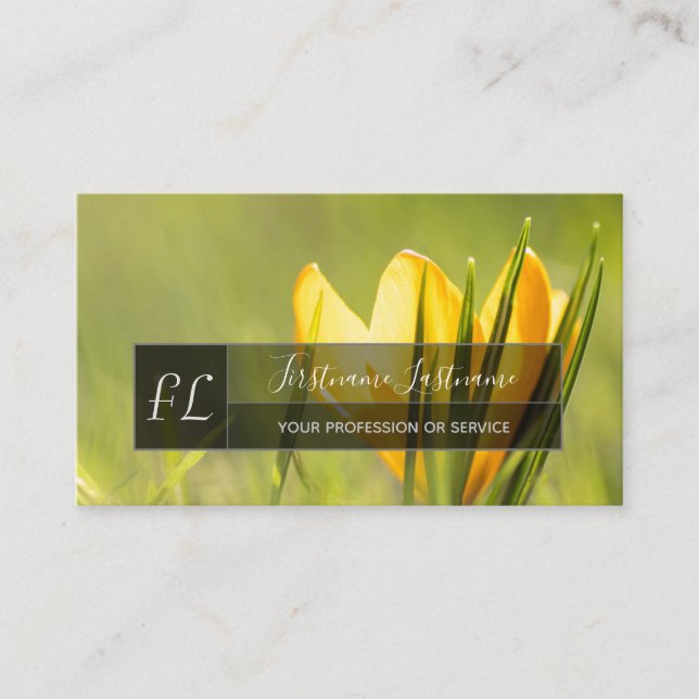 Yellow crocus blossom grey rectangle monogram business card (Front)