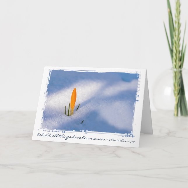 Yellow Crocus In Snow Custom Text Easter/Spring Holiday Card (Front)