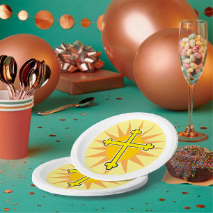 Yellow Cross Bottony Sunburst Christian Faith Paper Plate