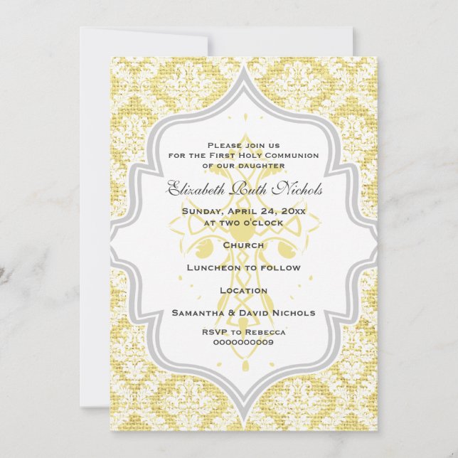 Yellow Cross white damask burlap First Communion Invitation (Front)