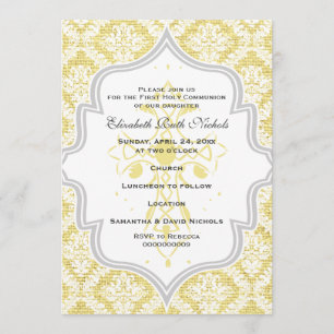 Yellow Cross white damask burlap First Communion Invitation