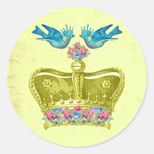 Yellow crown with blue birds and flowers classic round sticker