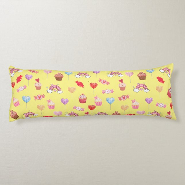 Yellow Cupcakes & Candy Print Body Pillow (Back)