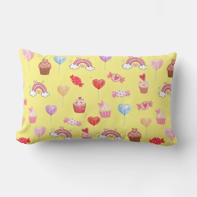 Yellow Cupcakes & Candy Print Lumbar Pillow (Front)