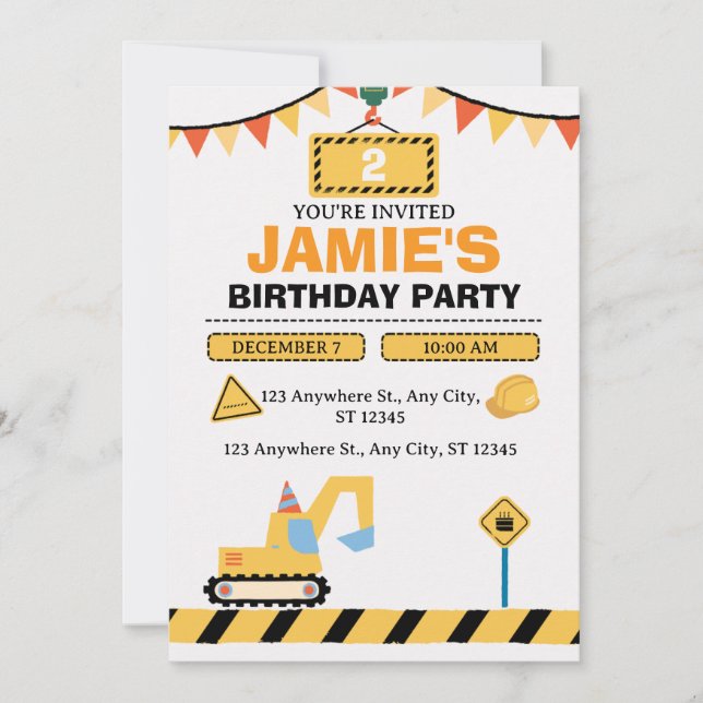 Yellow Cute Construction Truck Boys 2nd Birthday Invitation (Front)