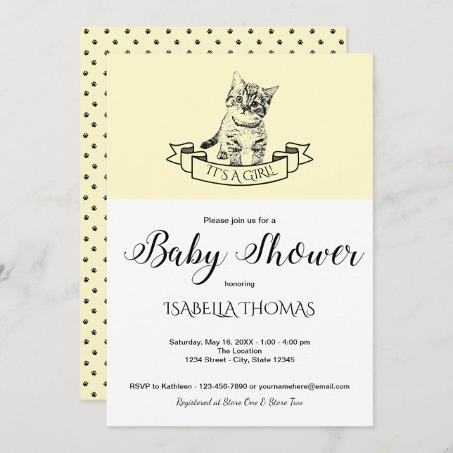 Yellow Cute Kitten Baby Shower Invitation (Front/Back)