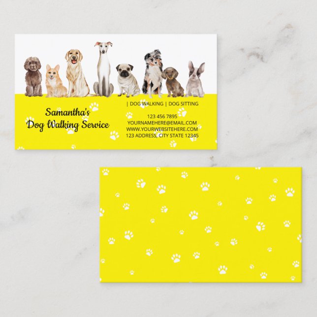 YELLOW Cute Paws Watercolor Dogs Business Card (Front/Back)