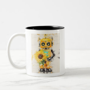 Yellow cute toy robot holding a sunflower Two-Tone coffee mug