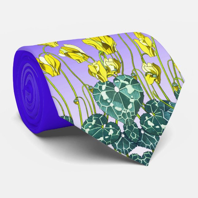 YELLOW CYCLAMENS,GREEN LEAVES IN BLUE SKY Floral Tie (Rolled)