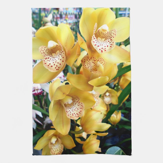Yellow Cymbidium Orchids Tea Towel (Vertical)