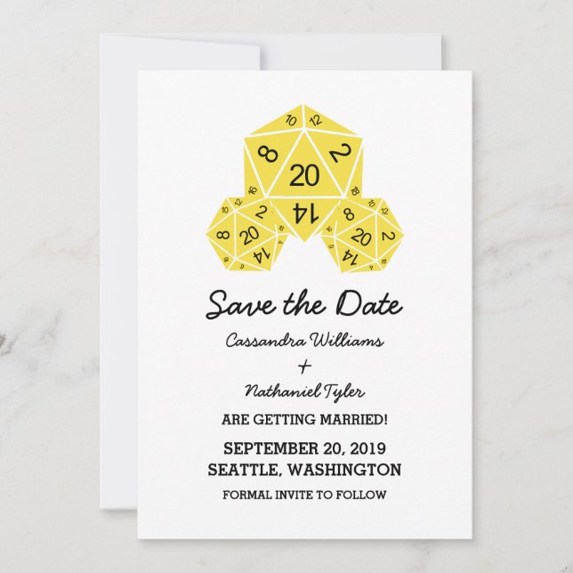 Yellow D20 Dice Save the Date Invite (Front)