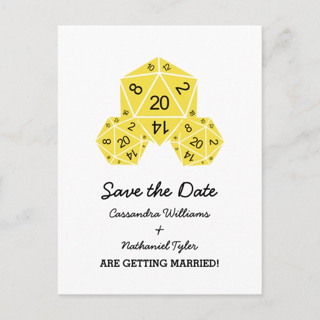 Yellow D20 Dice Save the Date Postcard (Front)