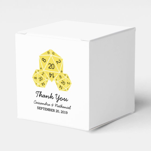 Yellow D20 Dice Wedding Favour Boxes (Front Side)