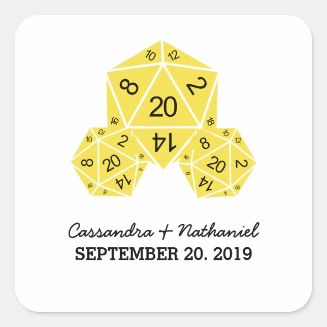 Yellow D20 Dice Wedding Stickers (Front)