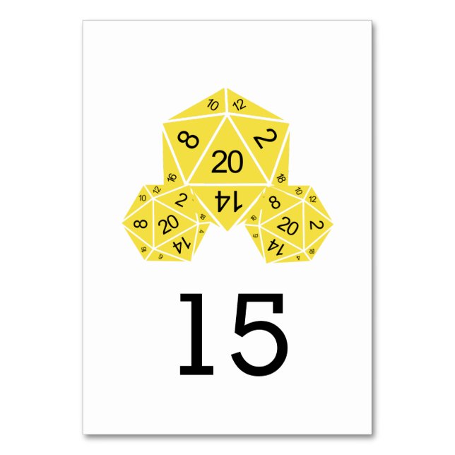 Yellow D20 Dice Wedding Table Card (Front)