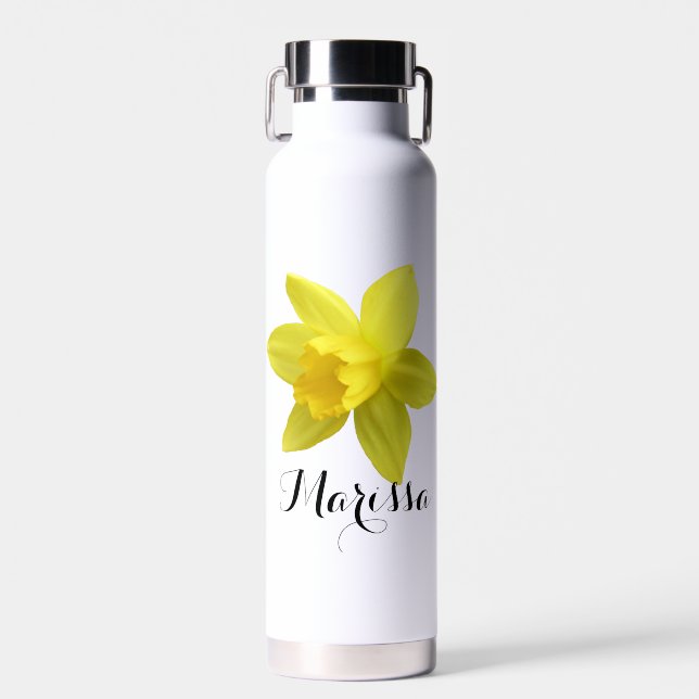 Yellow Daffodil Bloom Script Name Water Bottle (Front)