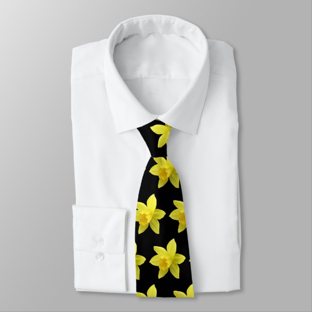 Yellow Daffodil Blooms Pattern on Black Neck Tie (Tied)