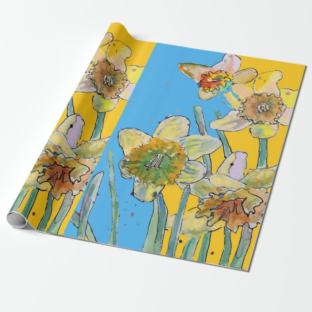 Yellow Daffodil Blue Spring flowers Watercolor Wrapping Paper (Unrolled)