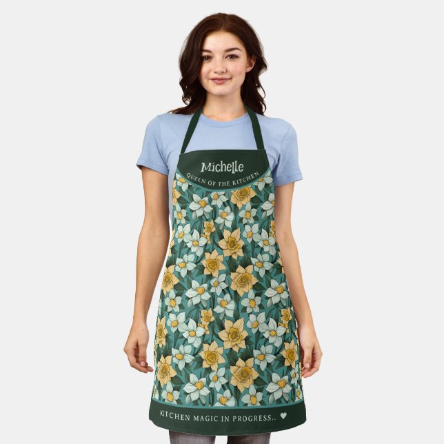 Yellow daffodil botanical personalised apron (Worn)