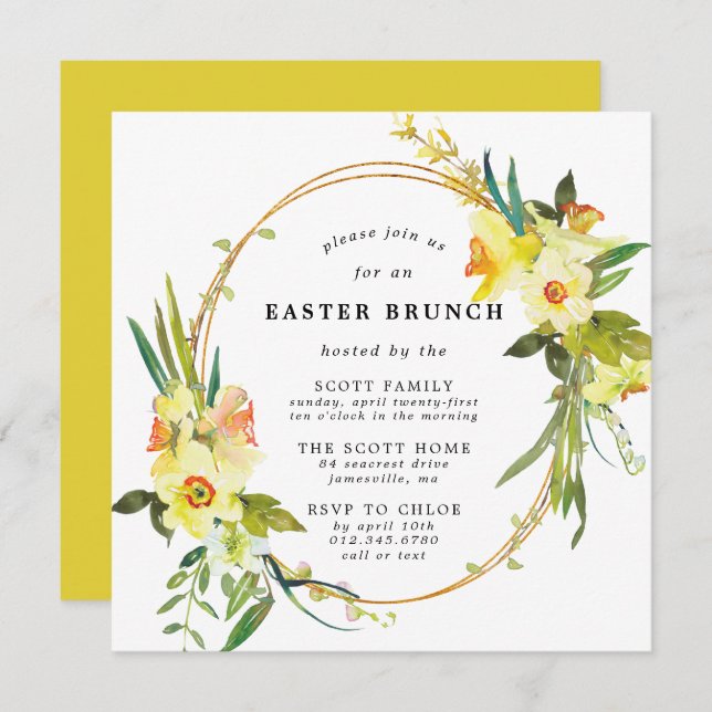 Yellow Daffodil Easter Brunch Square Invitation (Front/Back)