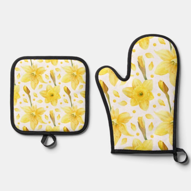 Yellow Daffodil Floral Spring Garden Pattern Oven Mitt & Pot Holder Set (Front)