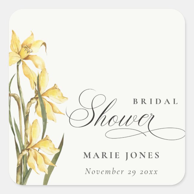 Yellow Daffodil Floral Watercolor Bridal Shower Square Sticker (Front)