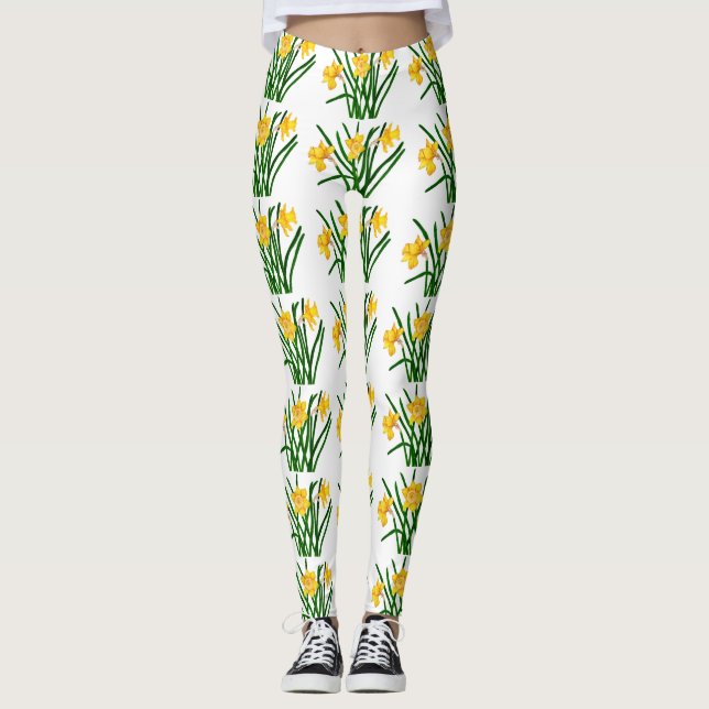 Yellow Daffodil Floral Watercolor Painting Leggings (Front)