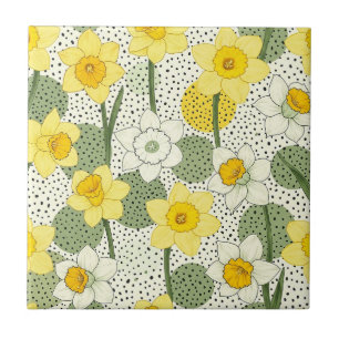 Yellow Daffodil Floral with Black Polka Dots Ceramic Tile