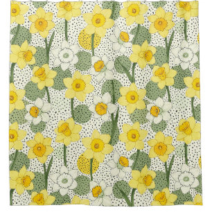 Yellow Daffodil Floral with Black Polka Dots Shower Curtain