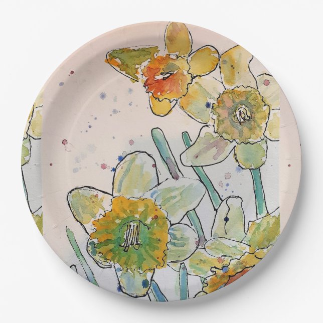 Yellow Daffodil Flower Pattern Paper Party Plate (Front)