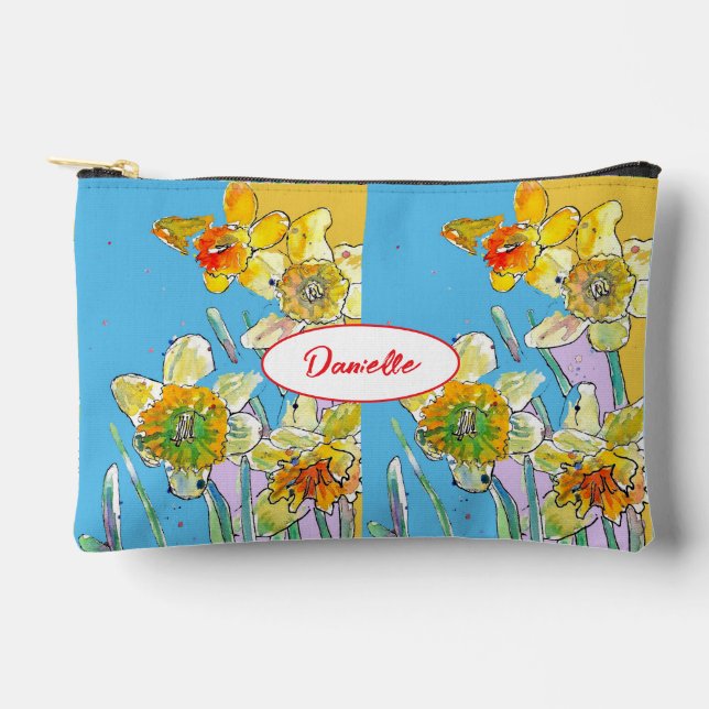 Yellow Daffodil Flower Pattern Watercolor Girls Accessory Pouch (Front)