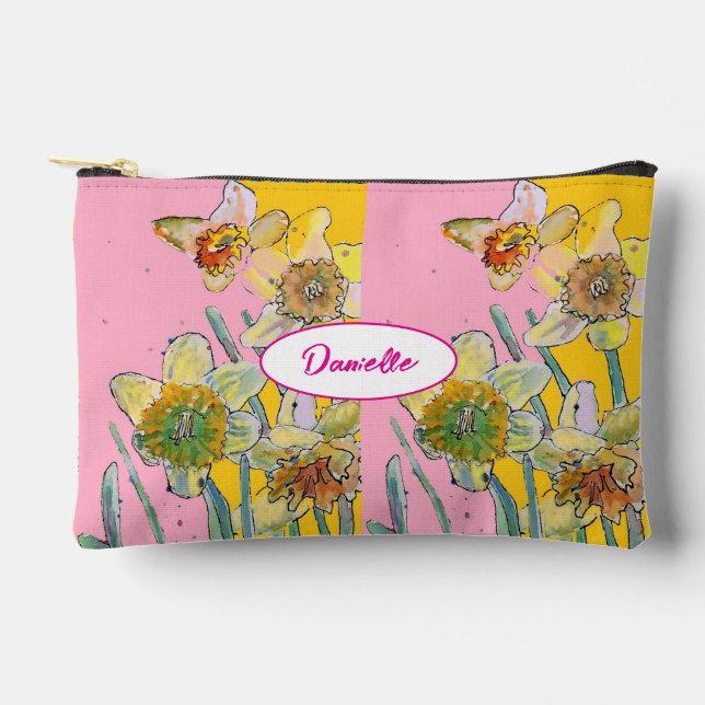 Yellow Daffodil Flower Pattern Watercolor Girls Accessory Pouch (Front)