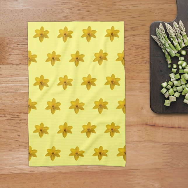 Yellow Daffodil Flower Seamless Pattern on Tea Towel (Yellow Daffodil flower seamless pattern on kitchen towel)